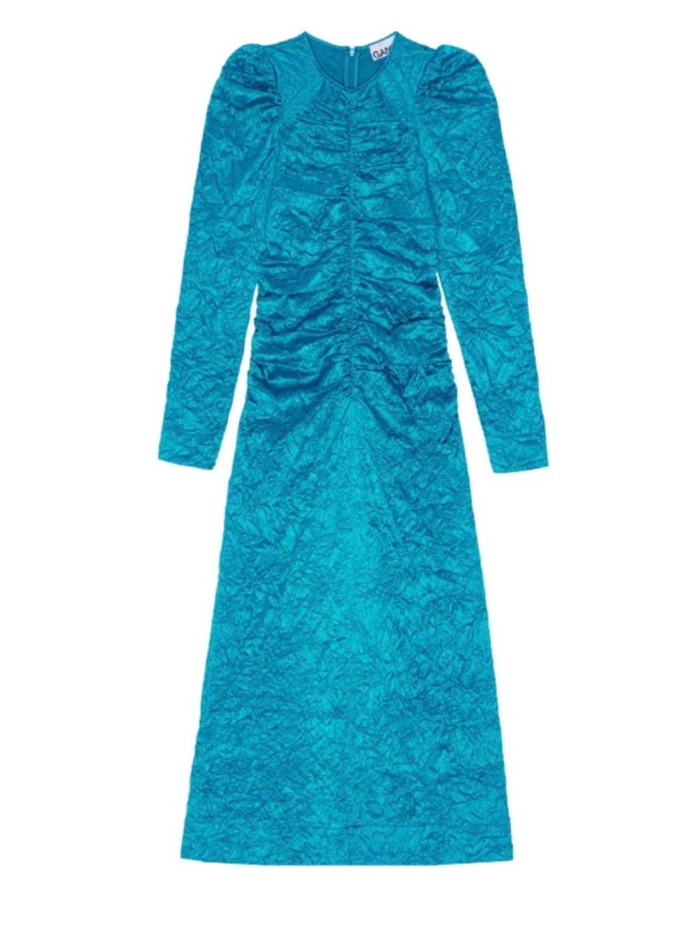 Ganni Teal Ruched Long Sleeve Midi Dress